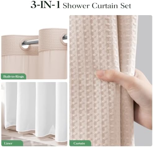 Dynamene Blush Pink Hook Free Waffle Shower Curtain & Snap-in Liner,72x99