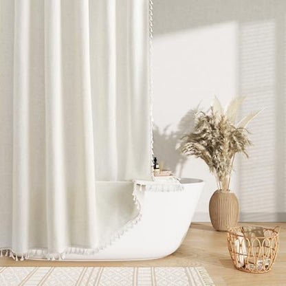 Nanspring Natural Boho Linen Shower Curtain 76 Inches Long Boho Cute Tassel Design Cloth Bath Curtain Set with Hooks Modern Neutral Vintage Country Decor for Bathroom Water Repellent 72x76, Cream