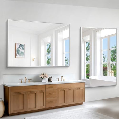BONEWEI Silver Bathroom Mirror,60x40 inch Wall Mirror for Bathroom Wall Mounted,Large Rectangle Mirror for Bathroom Over Sink,Modern Metal Frame for Living Room,Bedroom Entryway,Horizontal/Vertical