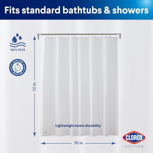Clorox Shower Curtain Liner, Premium Lightweight Flexible Waterproof 3g PEVA for Bathroom with Weighted Magnets, Standard Size 70" x 72", White 1 Pack