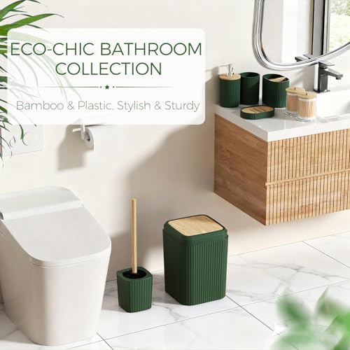 Bathroom Accessories Set - Unbreakable Green Bathroom Set, Trash Can, Toilet Brush with Holder, Soap Dispenser, Toothbrush and Toothpaste Holder, Tumbler Cup, Soap Dish, Qtip Holder, Bamboo Decor