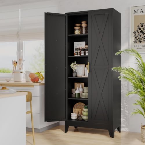 71" Metal Storage Cabinet with 2 Doors and 4 Adjustable Shelves,Black Farmhouse Kitchen Pantry Cabinet,Steel Garage Tool Cabinet,File Cabinetfor Home,Office,Dinning Living Room,Warehouse