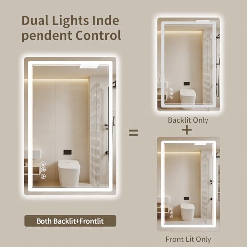 28"x36" LED Bathroom Mirror with Lights, Backlit + Front Lit, Anti-Fog, Lighted Bathroom Mirror for Wall, HD Shatterproof Tempered Glass, Dimmable, Memory Function (Horizontal/Vertical)