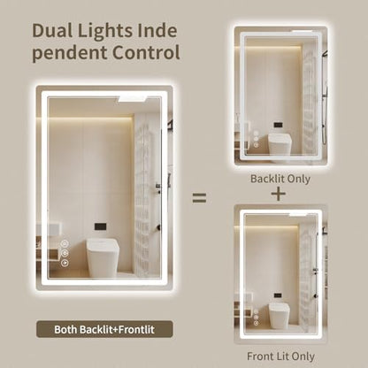 28"x36" LED Bathroom Mirror with Lights, Backlit + Front Lit, Anti-Fog, Lighted Bathroom Mirror for Wall, HD Shatterproof Tempered Glass, Dimmable, Memory Function (Horizontal/Vertical)