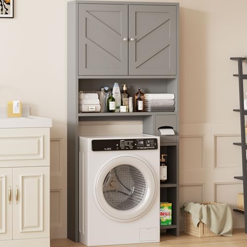 Shintenchi Over the Toilet Storage Cabinet, Bathroom Storage Cabient with Barn Doors, Bathroom Storage Shelf Organizer with Toilet Paper Holder, Adjustable Shelf and Anti-Tip Device, Gray