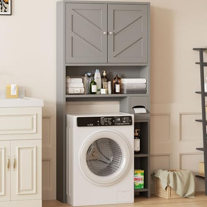 Shintenchi Over the Toilet Storage Cabinet, Bathroom Storage Cabient with Barn Doors, Bathroom Storage Shelf Organizer with Toilet Paper Holder, Adjustable Shelf and Anti-Tip Device, Gray