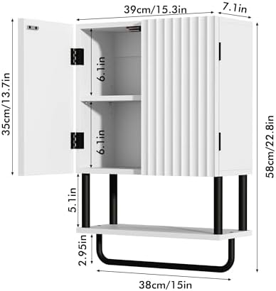 RUSTOWN Fluted Bathroom Wall Cabinet with 2 Doors, 3-Tier Medicine Cabinet