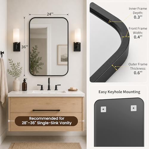 24x36 Inch Matte Black Rounded Rectangle Bathroom Vanity Mirror