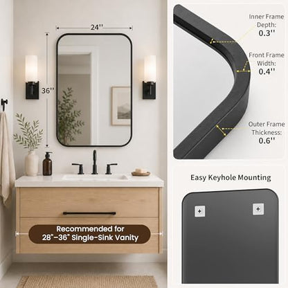 24x36 Inch Matte Black Rounded Rectangle Bathroom Vanity Mirror