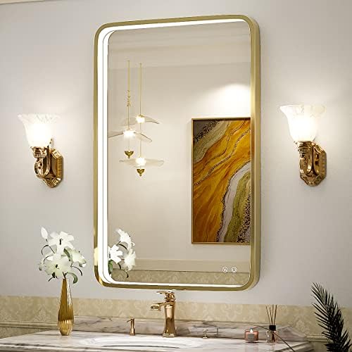 LED 36x24 Inch Lighted Bathroom Mirror,Gold Frame,3 Color