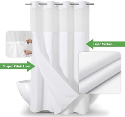 eachope No Hook Linen Texture Shower Curtain with Snap-in Liner,60x74 White