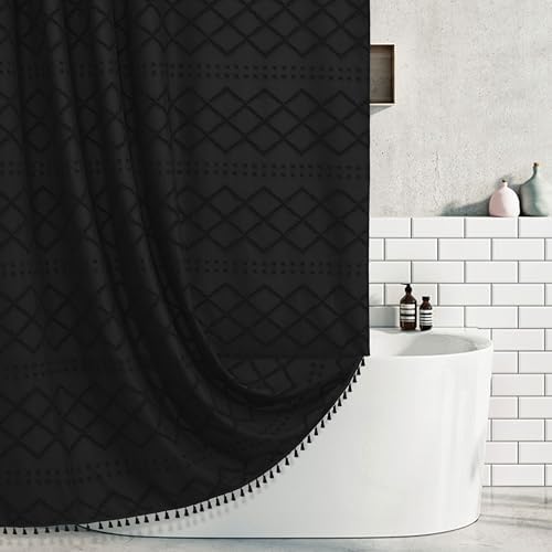 Extra Long Black Woven Fabric Boho Shower Curtain with Tassels 72 x 80 Modern Farmhouse Minimalist, Tufted Chevron Textured Striped Shabby Chic, Water Resistant Cloth Curtain for Bathroom, Hotel Decor