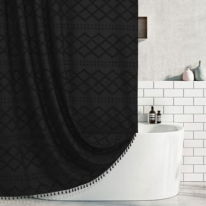 Extra Long Black Woven Fabric Boho Shower Curtain with Tassels 72 x 80 Modern Farmhouse Minimalist, Tufted Chevron Textured Striped Shabby Chic, Water Resistant Cloth Curtain for Bathroom, Hotel Decor