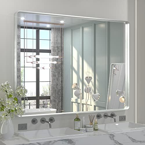 TETOTE 48 x 36 Inch Silver Mirrors for Bathroom, Brushed Silver Framed Rectangular Modern Farmhouse Large Vanity Mirror for Wall Decor (Horizontal/Vertical)