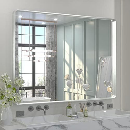 TETOTE 48 x 36 Inch Silver Mirrors for Bathroom, Brushed Silver Framed Rectangular Modern Farmhouse Large Vanity Mirror for Wall Decor (Horizontal/Vertical)