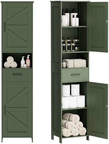 Homhedy 67" H Tall Bathroom Storage Cabinet with Barn Doors and Drawer