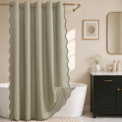 Furlinic Scalloped Shower Curtain 72x75 No Hook Taupe Boho Linen Fabric