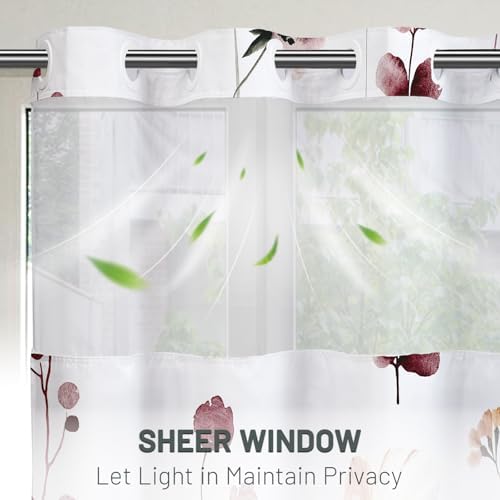 WITHLOC No Hook Floral Shower Curtain with Liner, Burgundy Flower, 71x74
