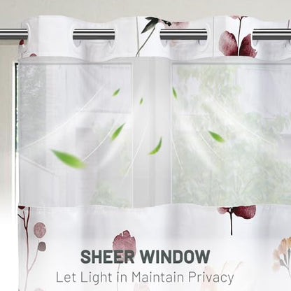 WITHLOC No Hook Floral Shower Curtain with Liner, Burgundy Flower, 71x74