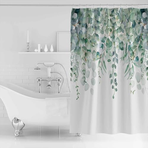 Shower Curtain Bathroom Set Green Eucalyptus Leaf on White Waterproof Shower Curtains with Grommets Hooks Fallen Leaves Watercolor Privacy Bath Curtain for Bathtub Decor 72x78in