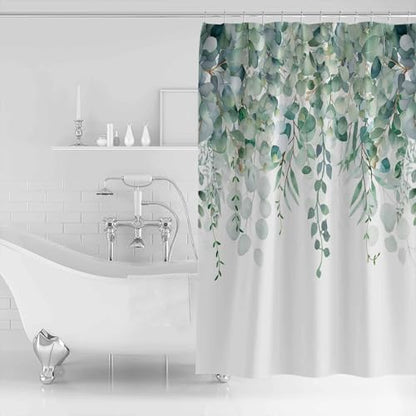 Shower Curtain Bathroom Set Green Eucalyptus Leaf on White Waterproof Shower Curtains with Grommets Hooks Fallen Leaves Watercolor Privacy Bath Curtain for Bathtub Decor 72x78in