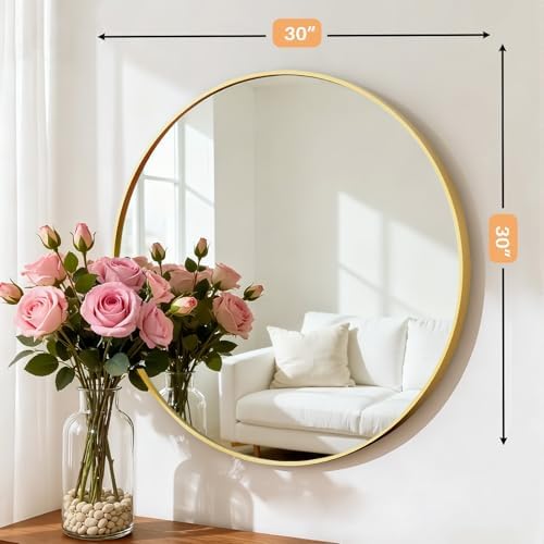 30 Inch Round Bathroom Mirror for Wall, Matte Gold Metal Framed