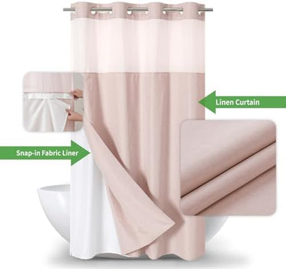 eachope No Hook Linen Texture Shower Curtain with Snap-in Liner,54x74 Blush