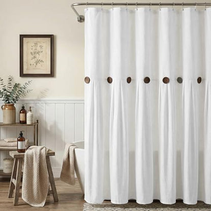 Farmhouse Shower Curtain Linen Button White 72" W x 72" L