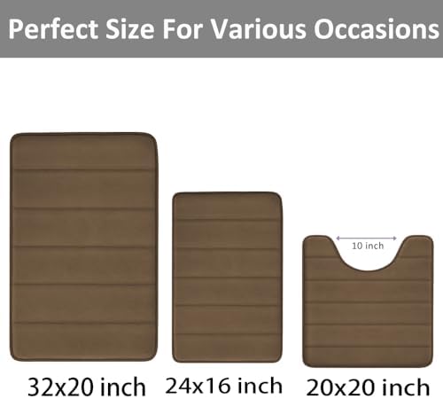 RUN HELIX Brown Bathroom Rugs Memory Foam Bath Mat Set 3 Piece Non-Slip Bath Rugs, Absorbent Shaggy Mats, Machine Wash,Perfect Plush Mats, Bathroom Carpets Set with U-Shaped Toilet Mat-Bedroom Rug