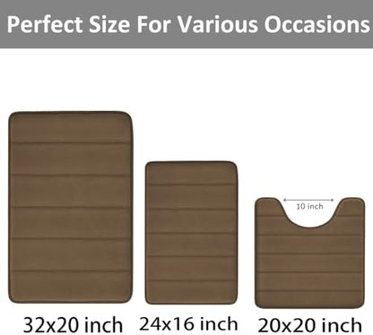 RUN HELIX Brown Bathroom Rugs Memory Foam Bath Mat Set 3 Piece Non-Slip Bath Rugs, Absorbent Shaggy Mats, Machine Wash,Perfect Plush Mats, Bathroom Carpets Set with U-Shaped Toilet Mat-Bedroom Rug