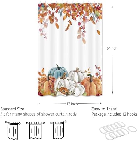 Fall Pumpkin Shower Curtain, Thanksgiving Autumn Maple Leaves Watercolor Floral Harvest Boho Bathroom Curtains with Hooks for Bathroom Bathtubs Decor, Waterproof Polyester Fabric 47x64