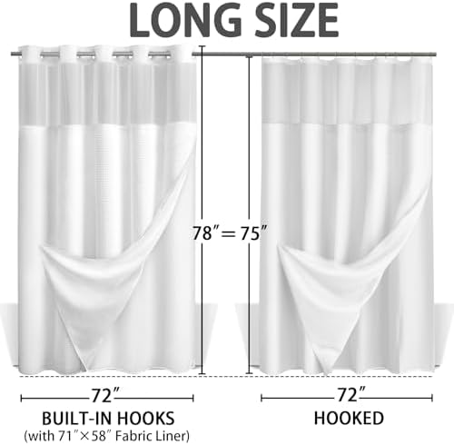 No Hook Shower Curtain with Liner Set Hotel Waffle Curtain White 72W X 78L