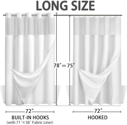 No Hook Shower Curtain with Liner Set Hotel Waffle Curtain White 72W X 78L