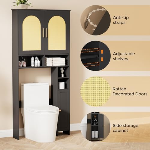 Homhedy Wooden Over The Toilet Storage Cabinet, Natural and Black