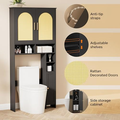 Homhedy Wooden Over The Toilet Storage Cabinet, Natural and Black