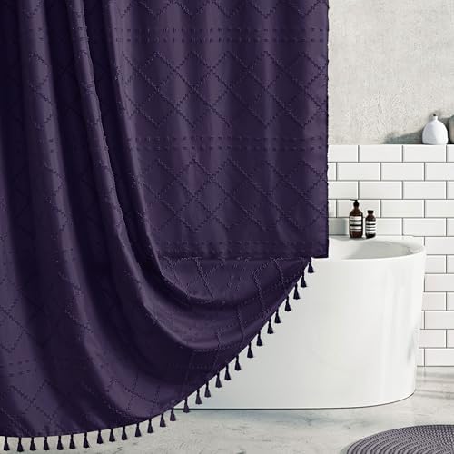 Siiluminisoy Boho Shower Curtain Dark Purple Woven Fabric Cute Shower Curtain, Tufted Chevron Textured Striped 72" x 72" Modern Farmhouse Minimalist Cloth Shower Curtains for Bathroom