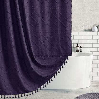 Siiluminisoy Boho Shower Curtain Dark Purple Woven Fabric Cute Shower Curtain, Tufted Chevron Textured Striped 72" x 72" Modern Farmhouse Minimalist Cloth Shower Curtains for Bathroom