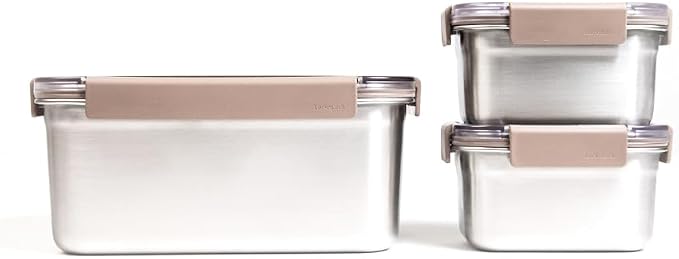 LocknLock Stainless Steel Food Storage Containers with Lids, Metal Lunch Boxes, Leak-Proof, Microwave, Freezer and Dishwasher Safe, 3-Piece Set, 2 x 520ml and 1 x 2800ml