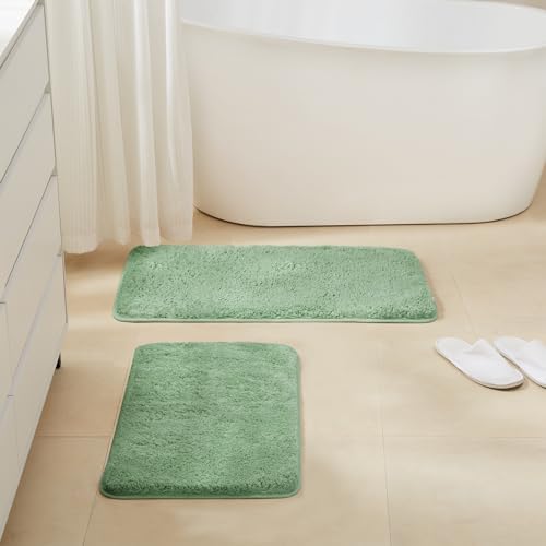 TECHMILLY Non-Slip Bathroom Rugs Sets 2 Piece, Fluffy Soft Luxury Microfiber Shower Mat, Absorbent, Washable & Quick Dry for Bath Floor, Green