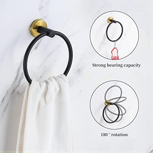 5 Pieces Bathroom Hardware Set Black Gold, Towel Rack Including 2pcs 16 inch Tower Bar, Towel Ring and 2 PCS Towel Hooks