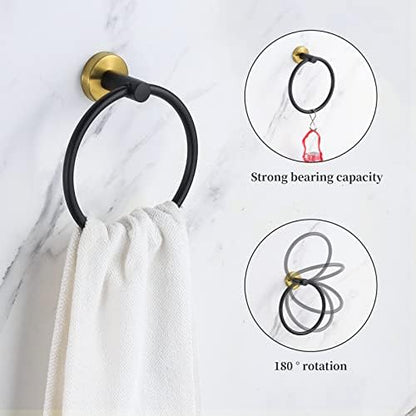 5 Pieces Bathroom Hardware Set Black Gold, Towel Rack Including 2pcs 16 inch Tower Bar, Towel Ring and 2 PCS Towel Hooks