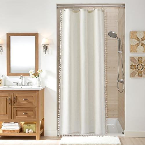Nanspring Stall Natural Boho Linen Shower Curtain 36 Inch Rustic Cottagecore Narrow Fabric Shower Curtain Set with Hooks for Bathroom Modern Farmhouse Camper RV Tassel Bath Curtain 36x72, Cream