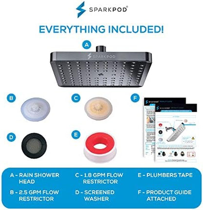 SparkPod Rain Shower Head, 8 Inch Square, Charcoal Grey Finish