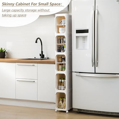 5-Tier Narrow Storage Cabinet Slim Bathroom Tall Skinny Organizer，Beige