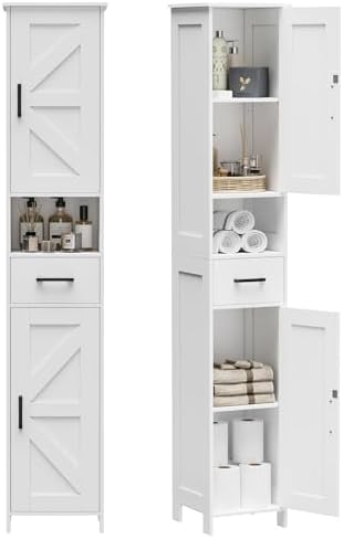 Homhedy 67" H Tall Bathroom Storage Cabinet with Barn Doors and Drawer
