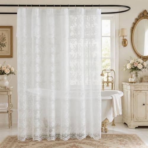 TUDECO White Lace Shower Curtain with Attached Valance 72 x 72 Inch