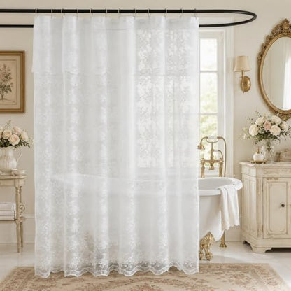 TUDECO White Lace Shower Curtain with Attached Valance 72 x 72 Inch