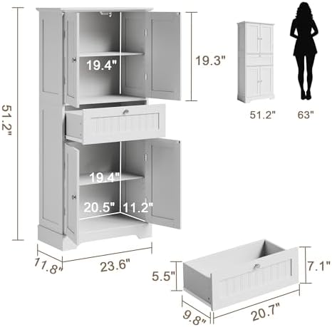 ChooChoo 51" H Bathroom Floor Cabinet with Drawer and Adjustable Shelves