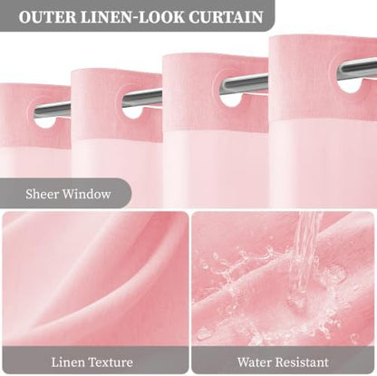 BTTN Pink Ringless Linen Textured Shower Curtain with Snap in Liner, 72x75