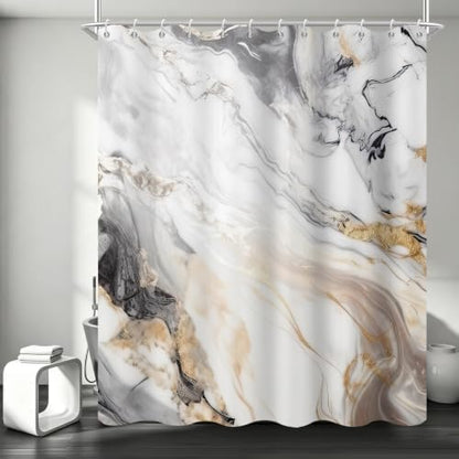 Beige Marble Shower Curtain Modern Abstract Luxury Gold Ink Texture Gray Ombre Watercolor Bathroom Curtain Set with Hooks Soft and Lightweight Waterproof Fabric Machine Washable 48" Wx72 L